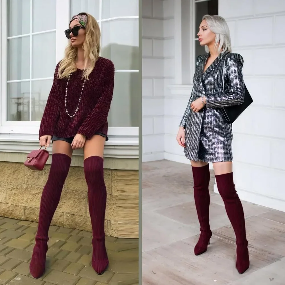 Women's Claret Thigh High Socks Pointed Toe Over-the- Knee High Heel Boots